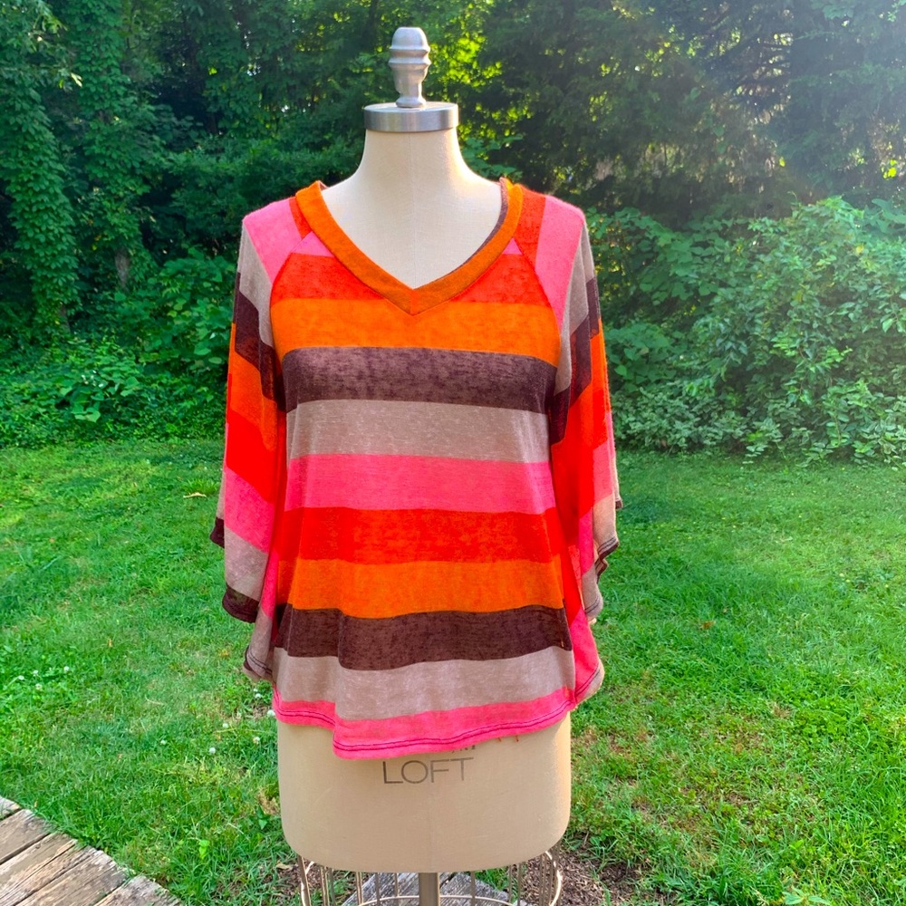 Warm Tone Sheer Stripe Wing Sleeve Blouse